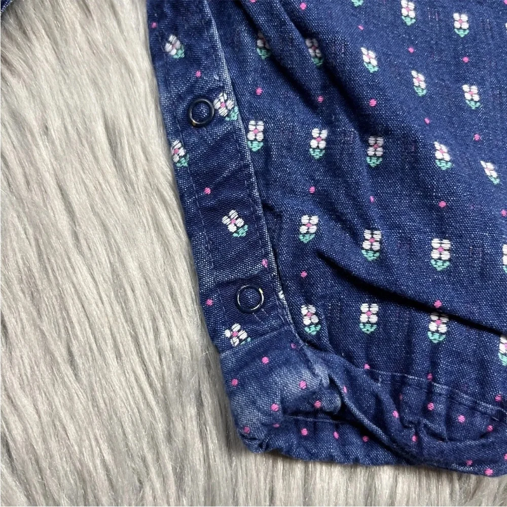 Vintage Oshkosh Bgosh Baby Girls Denim Blue White Pink Floral Overalls